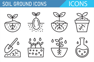 Collection of Soil and Ground Icons Depicting Plant Growth, Roots, Watering, and Soil Layers, Including Shovel and Laboratory Glassware, Simple Line Art Illustrations for Environmental Themes.