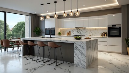 Modern kitchen interior design with marble island, white cabinets, and pendant lights. Perfect for showcasing home decor, real estate, and architectural styles.
