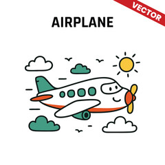 Cute vector of a pilot flying a small airplane with colorful wings in a cloud-filled sky