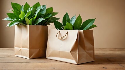 Eco-friendly shopping bags filled with lush green leaves,  representing sustainable lifestyle and nature.