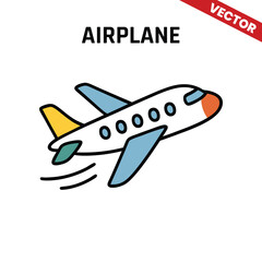 Vector airplane design featuring a vibrant color scheme with an orange tail, green wing, and yellow engine, illustrating the essence of air travel in a simple style