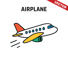 Simple vector illustration of a plane in flight, featuring an orange tail, yellow engine, and blue wings, soaring through the sky with a clean minimalist design