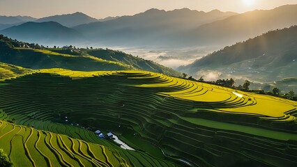 Breathtaking sunrise over vibrant green rice terraces in mountainous region. Serene landscape showcasing agricultural beauty and natural harmony.