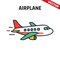 Vector design of an airplane flying with a yellow tail, orange nose, and green engine, soaring through the air in a simple and colorful style