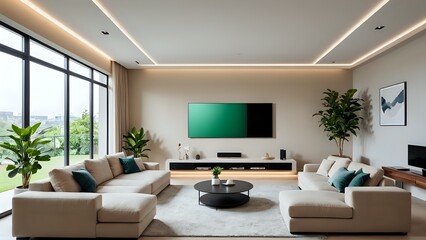 Modern living room interior design with beige sectional sofa, green accents, large TV, and plants. Perfect for real estate, home decor, or lifestyle publications.