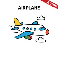 cartoon vector of a colorful airplane with orange, green, and yellow accents flying in the sky