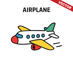 fun vector of a small airplane in flight with a yellow and red color scheme, including a simple design of clouds in the background
