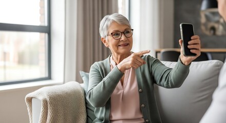 Sharing a Smile: A Warm, Candid Moment of a Senior Woman Sharing Her Smartphone Screen with a Loved One.
