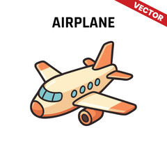Colorful airplane vector icon in a minimalist style, showing a cartoon plane with a red engine, perfect for educational and travel themes.