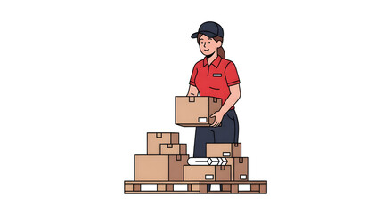 Efficient woman in uniform stacking cardboard boxes on a wooden pallet, illustrating organized logistics and warehouse operations