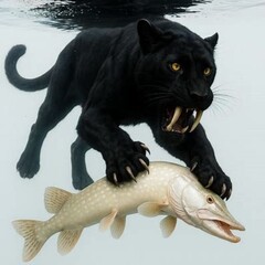 Obraz premium Melanic Sabertooth tiger with prey in the wtaer