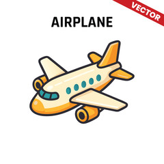 Vector illustration of a cartoon airplane with a yellow body and red engine, designed for modern travel, transportation, and aviation concepts