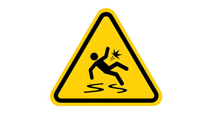 Bright yellow triangular warning sign alerting to slippery surfaces or wet floors, illustrating a person falling. A vital safety symbol for accident prevention