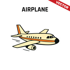 Vector image of a small airplane with a white body and red tail, cruising in the sky with subtle motion lines