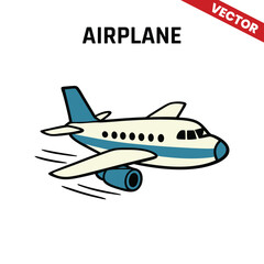 Stylized vector image of an airplane with a clean design, flying upwards with subtle motion lines and red accents