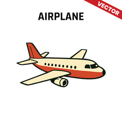 Vector drawing of an airplane flying, designed in vintage red and cream colors.