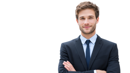 Confident young businessman in a suit, standing with crossed arms against a transparent background.