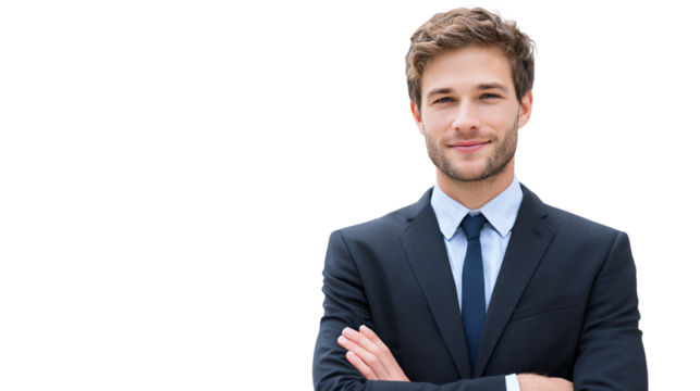 Confident young businessman in a suit, standing with crossed arms against a transparent background.