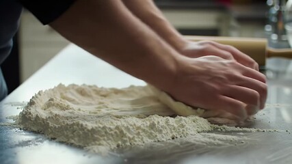 A Chef Mixing Flour and Water Into Dough on Silver Countertop With Rolling Pin Creating Tactile Baking Atmosphere Perfect for Commercials Culinary Tutorials and Artisanal Food Content With Pristine