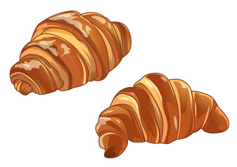 Appetizing illustration of two flaky, golden croissants with a glossy finish showcasing their layered texture. Food concept