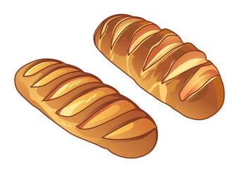 Delicious illustration of two golden-brown loaves of fresh bread with slashes on top enhancing their appearance. Food concept