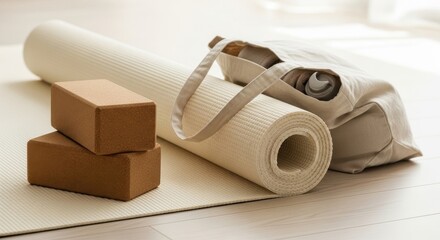 Yoga mat and blocks with a canvas bag in a bright room