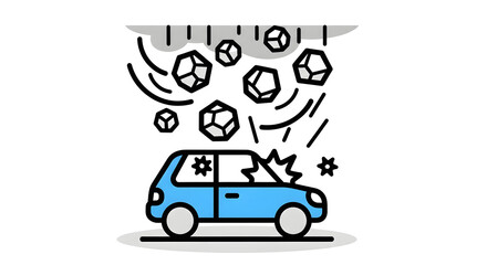 Illustration of a blue car suffering damage from a severe hailstorm, depicting the destructive impact of extreme weather and natural disasters on vehicles