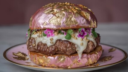 Gourmet burger topped with cheese and flowers on a pink brioche bun. Luxurious restaurant setting with fine dining appeal. Concept of high-end cuisine, culinary artistry, gourmet burgers