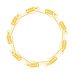 Golden spikelet round wreath with copy space. Circular frame of ripe ears of wheat, rye, barley or oats. Agricultural rustic grain twigs border, vector graphic