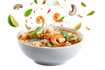 A delicious bowl of shrimp soup with fresh herbs and vegetables, splashing ingredients creating a lively culinary scene.
