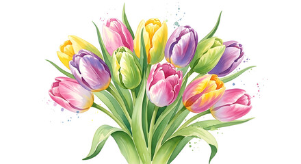 Fototapeta premium Vibrant watercolor illustration of a cheerful spring tulip bouquet, showcasing multi-colored blooms with artistic paint splatters, perfect for joyful celebrations and decor