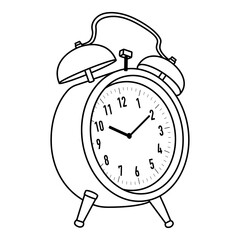 Outline alarm clock, three quarter view. . Illustration on transparent background
