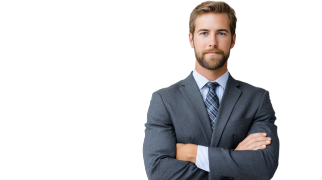 Confident business professional in suit with arms crossed, conveying leadership and determination.