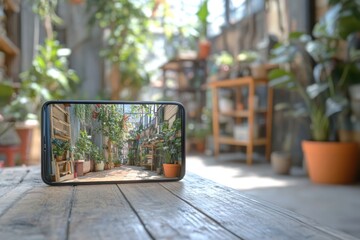 Fototapeta premium A smartphone displaying a vibrant indoor garden scene during daylight in a cozy setting