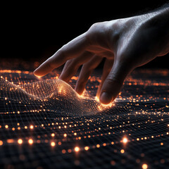 A hand interacting with a glowing digital landscape of interconnected nodes and flowing network connections