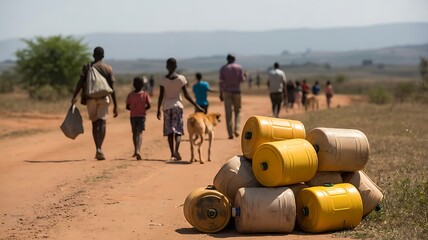 Dirt road scene with people carrying water containers stacked outdoors showing water shortage