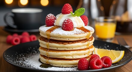 Delicious Stack of Pancakes with Raspberries and Maple Syrup Food