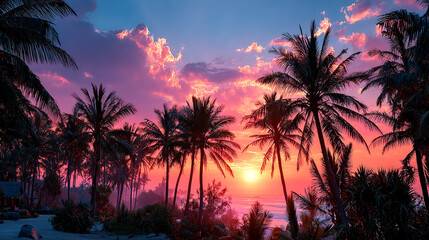 Sunset over Tropical Palm Trees, Vibrant Colors in the Sky, Coastal Scenery
