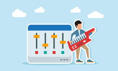 Young man playing keytar near audio mixer sound system illustration of appreciation for celebration of music day or music festival
