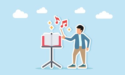 Young man as conductor or music composer with musical notes and sparkling icons illustration of appreciation for celebration of music day or music festival