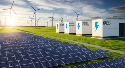 Modern Sustainable Landscape with Wind Turbines, Solar Panels, and Energy Storage