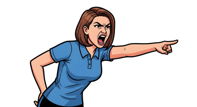 Angry woman illustration, aggressively shouting and pointing with a stern expression, capturing a moment of intense frustration or command in a cartoon style