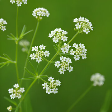 White bedstraw on a green background in the summer close-up