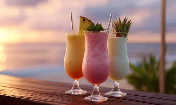 create this traditional puero rico drinks. Pi&ntilde;a coladas and rum glasses on a beach bar at sunset