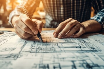 Close-up of hands sketching architectural plans, sunlit workspace background.