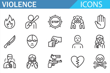 Fototapeta premium Simple line icons for depicting violent acts such as fights, gun threats, and harm in educational materials. 