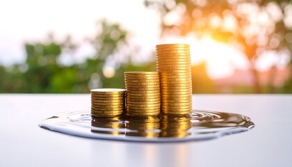 symbolizing value loss, Stacks of Gold Coins Reflecting in a Pool of Liquid