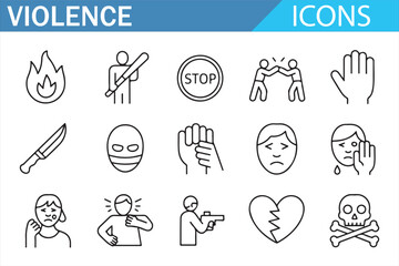 Fototapeta premium Vector icons of physical aggression, injuries, and threats, perfect for social issue illustrations. 