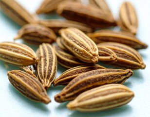 Obraz premium Macro photo of cumin seeds scattered across a smooth deep teal surface
