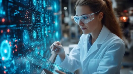 In a modern laboratory, a dedicated scientist interacts with advanced digital displays, showcasing her expertise in technology and innovation. The atmosphere is filled with excitement for discovery. - Powered by Adobe